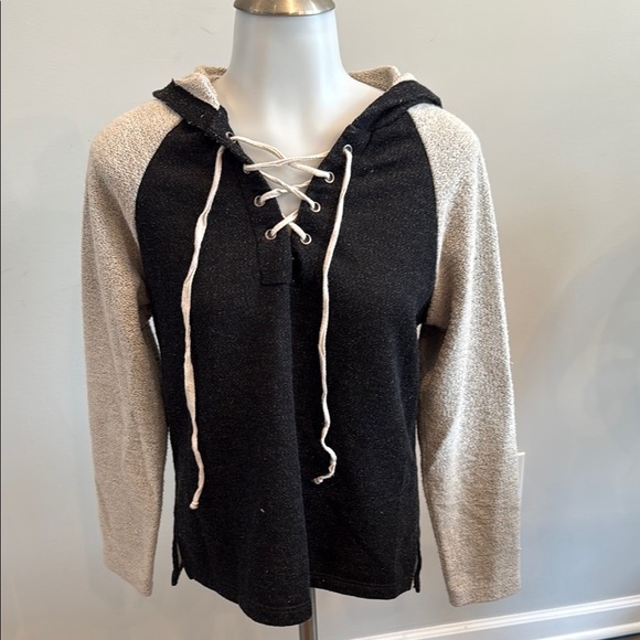 Anthropologie COA Small Black and Grey Colorblock Lace-Up Hoodie - Picture 1 of 8